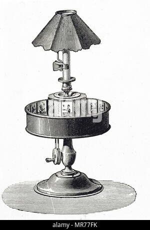Engraving depicting Charles-Émile Reynaud's praxinoscope. A painted strip with figures was placed inside the circumference of the drum which was rotated. The image reflected in the mirrors in the centre of the apparatus gave the impression of a continuous moving picture. Charles-Émile Reynaud (1844-1918) a French inventor. Dated 19th century Stock Photo