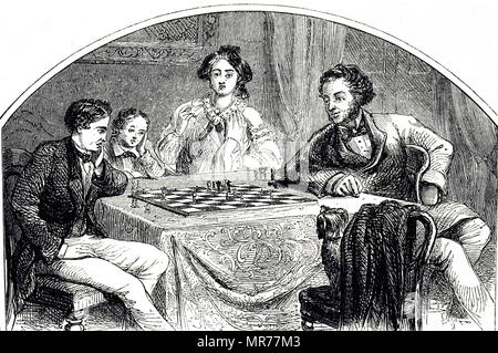 Engraving depicting a friendly game of chess between father and son. 19th century Stock Photo