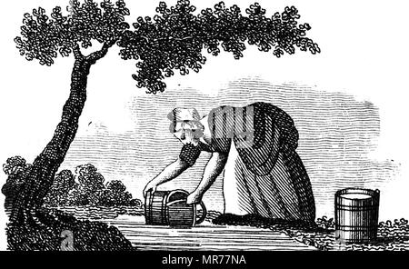 Woodblock engraving depicting a cottager 'dipping' for water in a stream. Dated 19th century Stock Photo