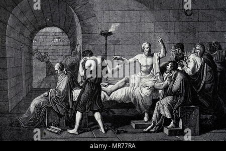 Engraving after the painting titled 'The Death of Socrates' by Jacques-Louis David (1748-1825) a French painter in the Neoclassical style. Dated 18th century Stock Photo