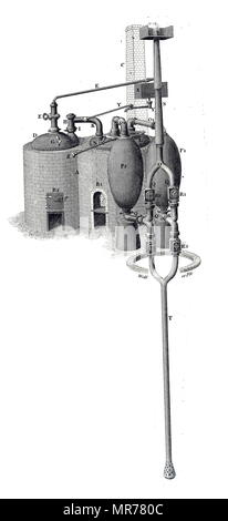 Thomas Savery's steam pump or 'Miner's Friend' (l702). the Miner’s friend or 'Savery engine' was a 1698 steam engine or rather heat operated suction pump patented by English engineer Thomas Savery that worked to remove water from flooded mines. The Miner’s friend was the first working operational steam engine Stock Photo