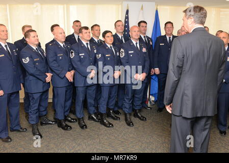 Members of the 102nd and 103rd Rescue Squadrons of the 106th Rescue Wing assigned to the New York Air National Guard, are awarded the Slovenian Medal for Merit in the military field by the President Borut Pahor of Slovenia May 21, 2017. The ceremony took place at the Permanent Mission of the Republic of Slovenia office to the United Nations, New York for their international rescue mission to render aid to crew members injured in an explosion on board the motor vessel Tamar that began on April 24th. (U.S. Air National Guard Photo by Captain Michael O’Hagan) Stock Photo