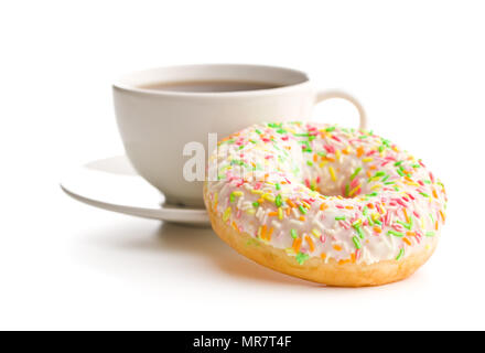 Sweet donut and coffee cup isolated on white background. Stock Photo