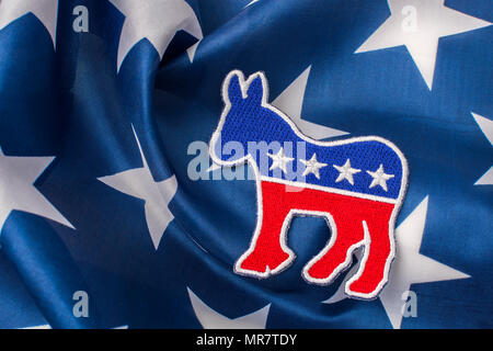 US DNC / Democrat Party patch with Stars and Stripes flag. 2026 Midterms, 2024 Presidential elections USA, US Primaries, Super Tuesday, Democrats 2024 Stock Photo