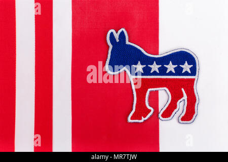 US DNC / Democrat Party patch with Stars and Stripes flag. 2026 Midterms, 2024 Presidential elections USA, US Primaries, Super Tuesday, Democrats 2024 Stock Photo