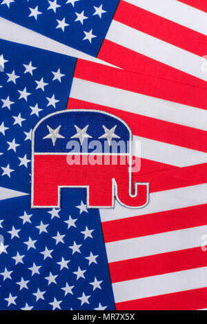 US GOP / Republican Party patch with Stars and Stripes flag. Metaphor 2026 Midterms, 2024 Presidential election, US Primaries, US politics, Red Wave. Stock Photo