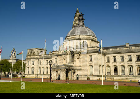 Wide angle landscape view of Cardiff City Hall, which is part of the city's civic centre. The architecture is Edwardian Baroque style Stock Photo