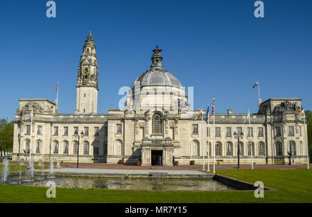 Wide angle landscape view of Cardiff City Hall, which is part of the city's civic centre. The architecture is Edwardian Baroque style Stock Photo