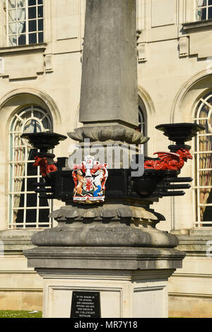 Close up of a crest on a pillar at Cardiff City Hall, which is part of the city's civic centre. Stock Photo