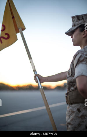 Rct. Cassidy A. Knarr, Platoon 4022, Papa Company, 4th Recruit Training Battalion, waits to begin an initial drill evaluation May 8, 2017, on Parris Island, S.C. Close-order drill helps instill discipline and unit cohesion in recruits. Knarr, 20, from Lorton, Va., is scheduled to graduate June 30, 2017. (Photo by Lance Cpl. Carlin Warren) Stock Photo