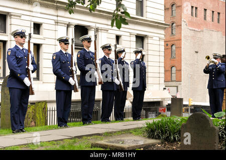 TAPPS was played by Coast Guard Auxiliary Member, professional musician and bugler, Lou DiLeo after a wreath was laid on the grave of Coast Guard founder, Alexander Hamilton, at Trinity Church in New York City, May 26, 2017. As a part of Fleet Week New York, crew members from the Coast Guard Cutter Hamilton and guests honored Hamilton with a memorial wreath-laying ceremony at his grave and cast members Lexi Lawson (Eliza Hamilton) and Brandon Victor Dixon (Aaron Burr) of the esteemed Broadway musical, Hamilton, also attended and paid their respect to the shared namesake of Cutter Hamilton and  Stock Photo