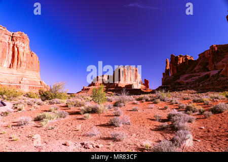 The red desert sand leads the way to a towering sandstone formation with a brilliant blue sky back drop. Stock Photo