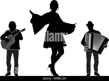 Musicians and dancer, trio, vector silhouette isolated Stock Vector