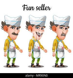 The set of emotions mustachioed meat seller. Vector illustration. Stock Vector