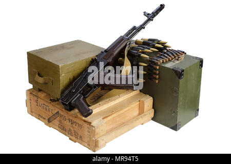 army box of ammunition with AK rifle and ammunition isolated Stock Photo