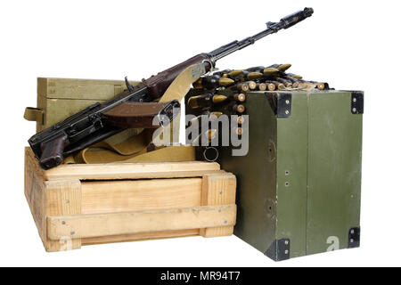 army box of ammunition with AK rifle and ammunition isolated Stock Photo