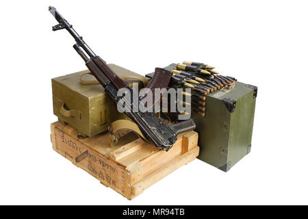 army box of ammunition with AK rifle and ammunition isolated Stock Photo