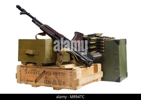 army box of ammunition with AK rifle and ammunition isolated Stock Photo