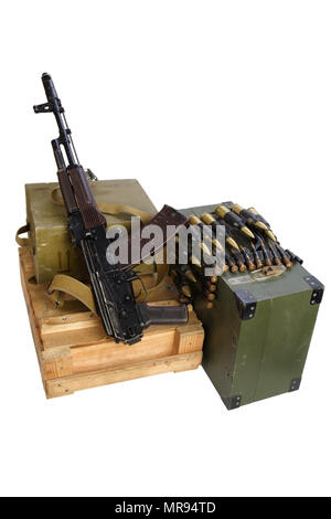 army box of ammunition with AK rifle and ammunition isolated Stock Photo