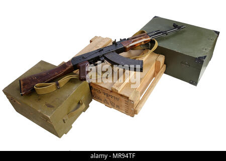 army box of ammunition with AK rifle and ammunition isolated Stock Photo