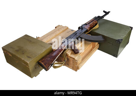 army box of ammunition with AK rifle and ammunition isolated Stock Photo