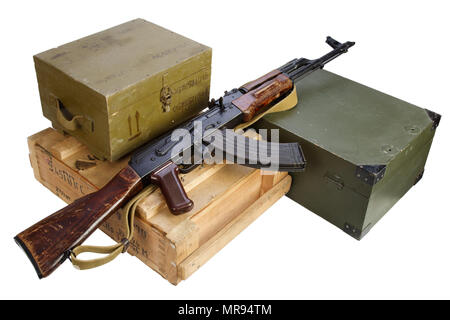 army box of ammunition with AK rifle and ammunition isolated Stock Photo