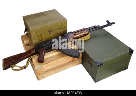 army box of ammunition with AK rifle and ammunition isolated Stock Photo