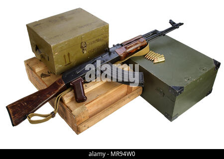 army box of ammunition with AK rifle and ammunition isolated Stock Photo