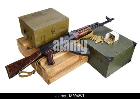 army box of ammunition with AK rifle and ammunition isolated Stock Photo