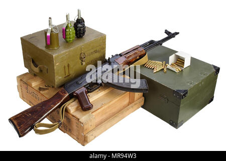 army box of ammunition with AK rifle and ammunition isolated Stock Photo