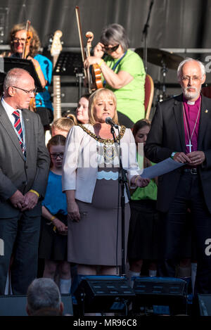 Lord Mayor of Manchester Councillor June Hitchen during the Manchester Together choir concert remembering the victims of the Arena bomb attack in Manchester, Britain, on May 22, 2018. Prince William and British Prime Minister Theresa May joined other politicians, as well as family members of those killed, and first responders to the scene of the terror attack, whilst thousands of people gathered in Manchester Tuesday on the first anniversary of a terror attack in the city which left 22 people dead. Stock Photo