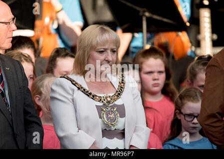 Lord Mayor of Manchester Councillor June Hitchen during the Manchester Together choir concert remembering the victims of the Arena bomb attack in Manchester, Britain, on May 22, 2018. Prince William and British Prime Minister Theresa May joined other politicians, as well as family members of those killed, and first responders to the scene of the terror attack, whilst thousands of people gathered in Manchester Tuesday on the first anniversary of a terror attack in the city which left 22 people dead. Stock Photo