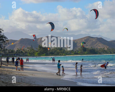 Kite surfing at Lanikai Beach Oahu, Hawaii Stock Photo