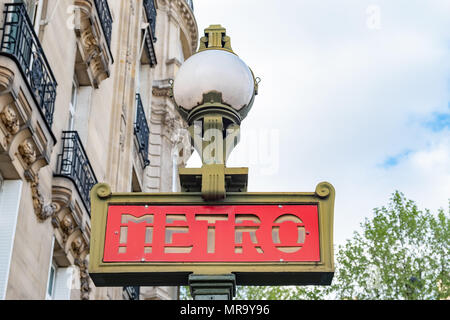 Iconic red Paris Metro Sign photographed closeup, Stock Photo