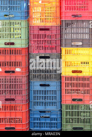 Stackable Plastic Crates for Produce at Farmers Market Stock Photo