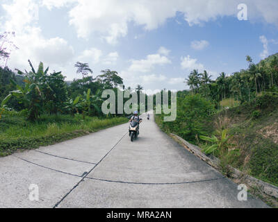 Man drive bike scooter on the road with palms in Thailand Stock Photo