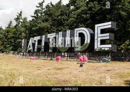 The Latitude Festival sign at Henham Park, Suffolk, UK during the 2017 event. Around the logo are the festival's iconic dyed pink sheep. Stock Photo