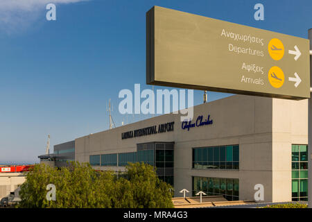 Larnaca, Cyprus. May 2018. A view of  departures and arrival signage  at Larnaca airport, Cyprus, Stock Photo