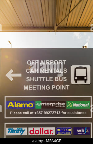 Larnaca, Cyprus. May 2018. A view of a car rental board at Larnaca airport, Cyprus,