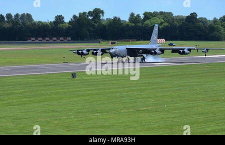 A B-52H Stratofortresses from Barksdale Air Force Base, La., touches down on the runway at RAF Fairford, U.K., June 1, 2017. These bombers will participate in exercises Saber Strike, Arctic Challenge and Baltic Operations (BALTOPS), in the European theatre. These operations and engagements with allies and partners demonstrate and strengthen America’s commitment to global security and stability. (U.S. Air Force photo by Airman 1st Class Randahl J. Jenson) Stock Photo