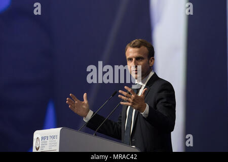 St. Petersburg, Russia. 25th May, 2018. French President Emmanuel Macron addresses the 22nd St. Petersburg International Economic Forum in St. Petersburg, Russia, May 25, 2018. Credit: Wu Zhuang/Xinhua/Alamy Live News Stock Photo