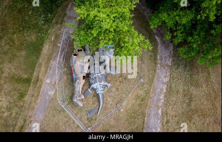 25 May 2018, Germany, Berlin: Destroyed dinosaur figures lie on the premises of the former GDR amusement 'Spreepark' at the Plaenterwald. The abandoned park is to be revamped and re-opened. Photo: Kay Nietfeld/dpa Stock Photo