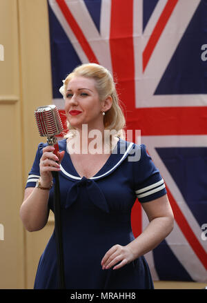 Bury, UK, 26 May 2018. A singer at the East Lancashire Railway, Bury,Lancashire, 26th May, 2018 (C)Barbara Cook/Alamy Live News Stock Photo