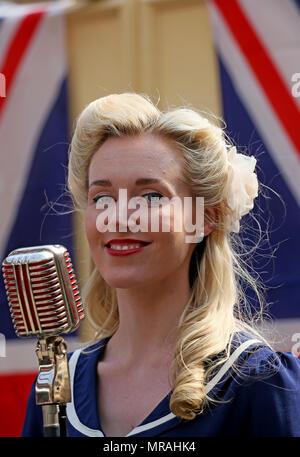 Bury, UK, 26 May 2018. A singer at the 1940's event on the  East Lancashire Railway station, Bury,Lancashire, 26th May, 2018 (C)Barbara Cook/Alamy Live News Stock Photo