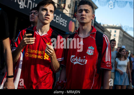 Kyiv, Ukraine. 26th May, 2018. Young football fans in the fan zone. During the UEFA finals of Liverpool against Real Madrid Credit: Leo Chiu/Alamy Live News Stock Photo