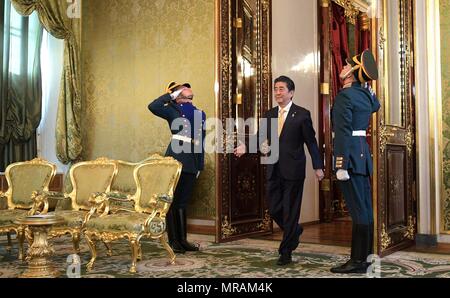 Japanese Prime Minister Shinzo Abe arrives to meet with Russian President Vladimir Putin in the Kremlin Grand Palace May 26, 2018 in Moscow, Russia.    (Russian Presidency via Planetpix) Stock Photo