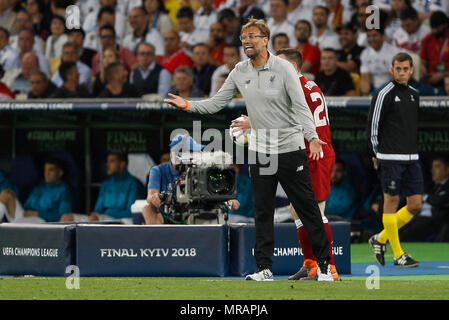 Kiev, Ukraine. 26th May, 2018. Liverpool Manager Jurgen Klopp gestures during the UEFA Champions League Final match between Real Madrid and Liverpool at Olimpiyskiy National Sports Complex on May 26th 2018 in Kyiv, Ukraine. (Photo by Daniel Chesterton/phcimages.com) Credit: PHC Images/Alamy Live News Stock Photo