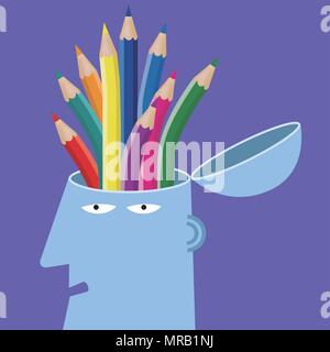 Artificial intelligence concept design, pencil in the brain.background is purple. Stock Vector