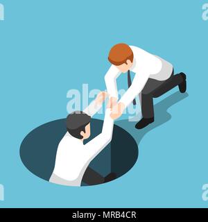 Flat 3d isometric businessman help his friend climb up from the hole. Teamwork concept Stock Vector