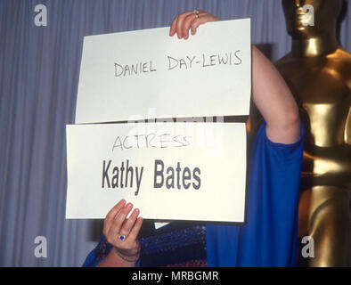 LOS ANGELES, CA - MARCH 25: Name Signs for Actress Kathy Bates and actor Daniel Day Lewis at the 63rd Annual Academy Awards on March 25, 1991 at Shrine Auditorium in Los Angeles, California. Photo by Barry King/Alamy Stock Photo Stock Photo